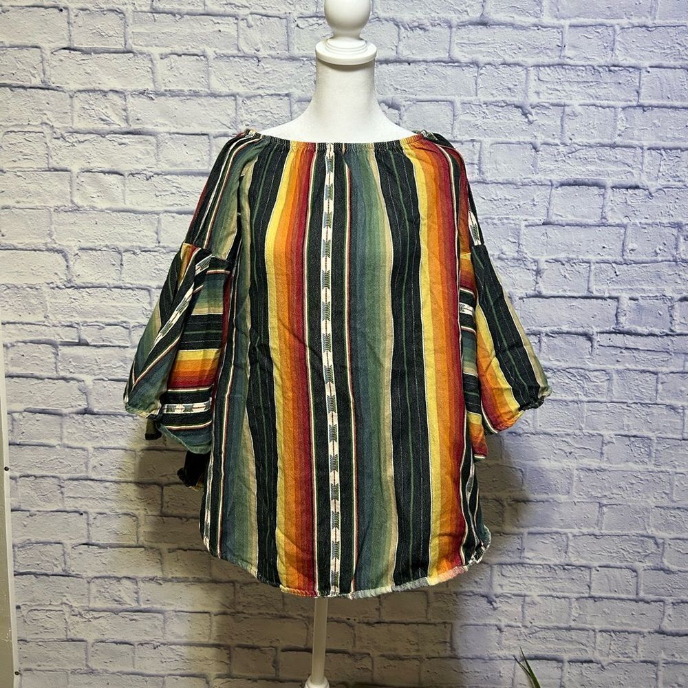 Lucky  & Blessed Long Bell Sleeve Southwest Stripe Tunic Top medium Cotton Denim